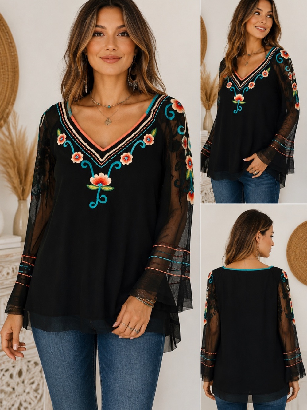Tunique Boho Embroidered Floral Tunic Top Small Black Mesh Bell Sleeve Peasant.